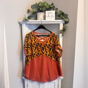 Umgee Orange and Leopard Print Short Sleeve Top